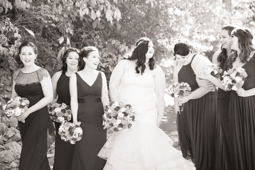 black and white photo bridesmaids with bride 