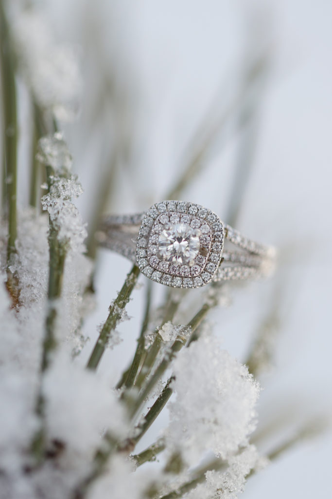 snow pine tree winter engagement ring