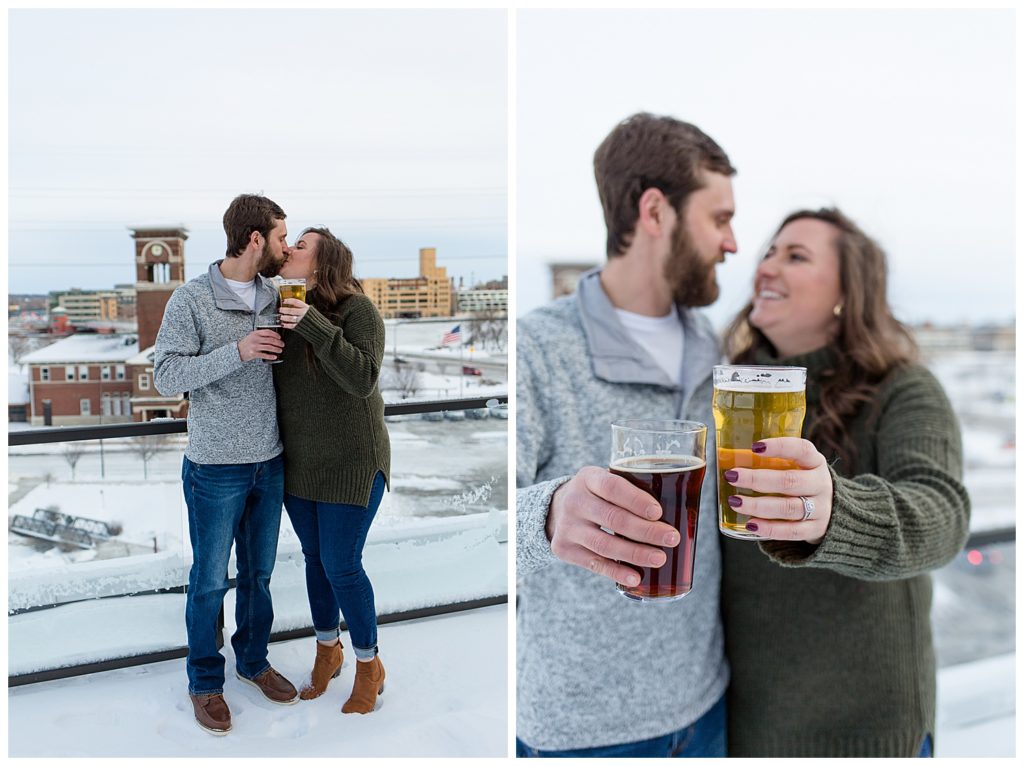 titletown brewery rooftop patio engagement session winter green bay wisconsin