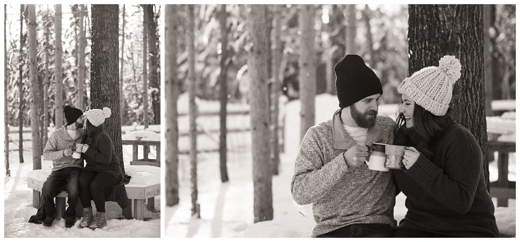 black and white engagement hot cocoa snow winter