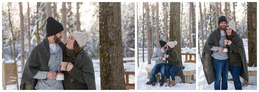 winter engagement session snow hot cocoa blanket