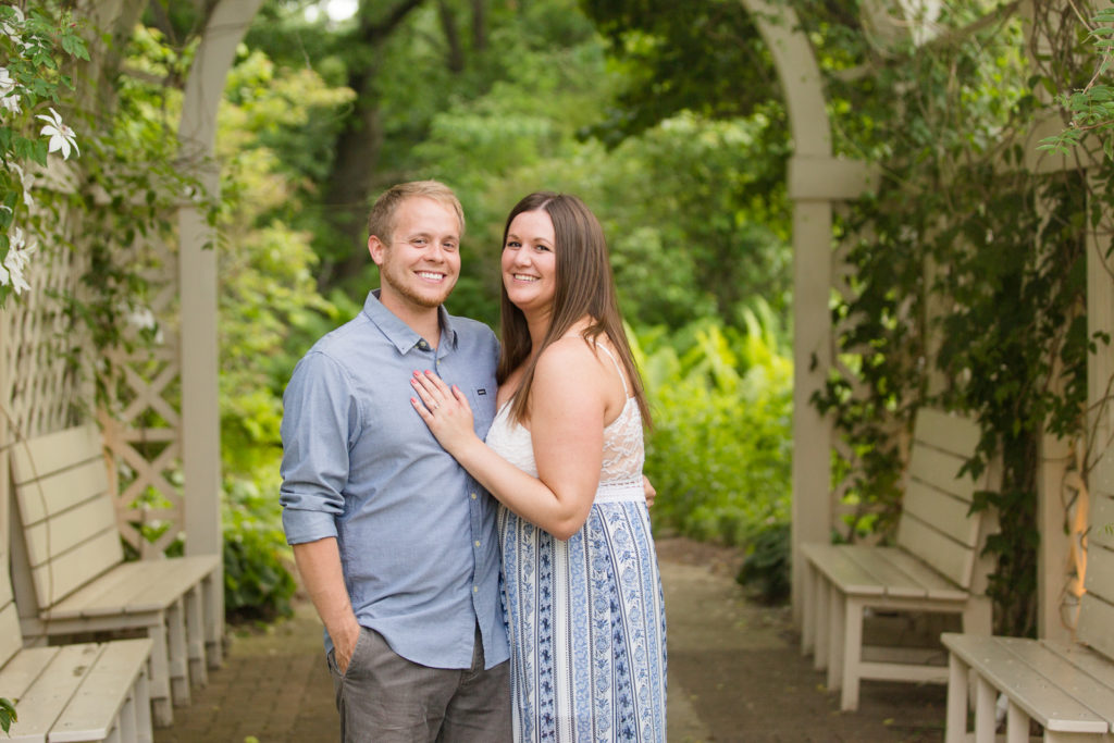 engagement photo couple smiling green bay botanical garden