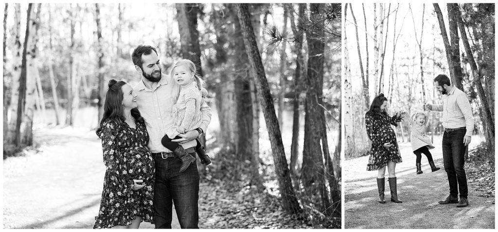 black and white photo maternity session trees 