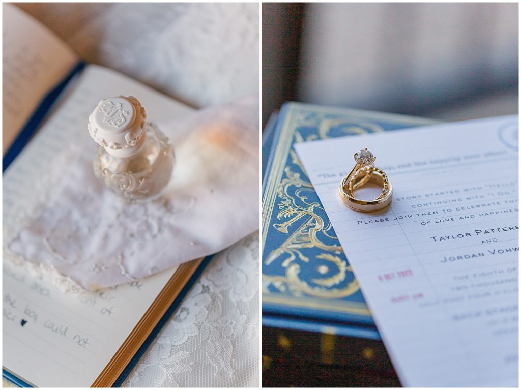 Detail shot of rings, library card invitation, perfume, handkerchief