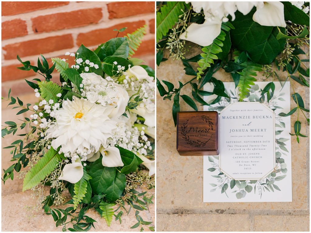white wedding flowers brown ring box and greenery invitation