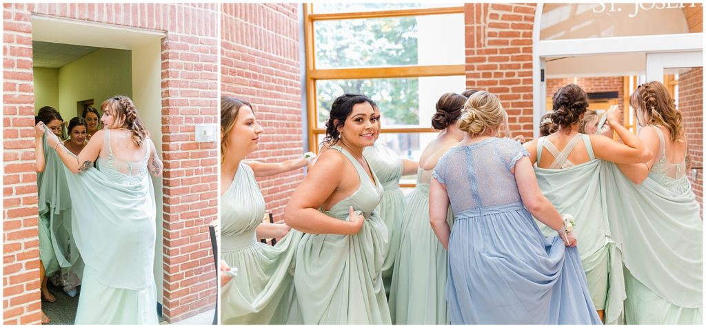 bridesmaids hide bride from people seeing her with their dresses
