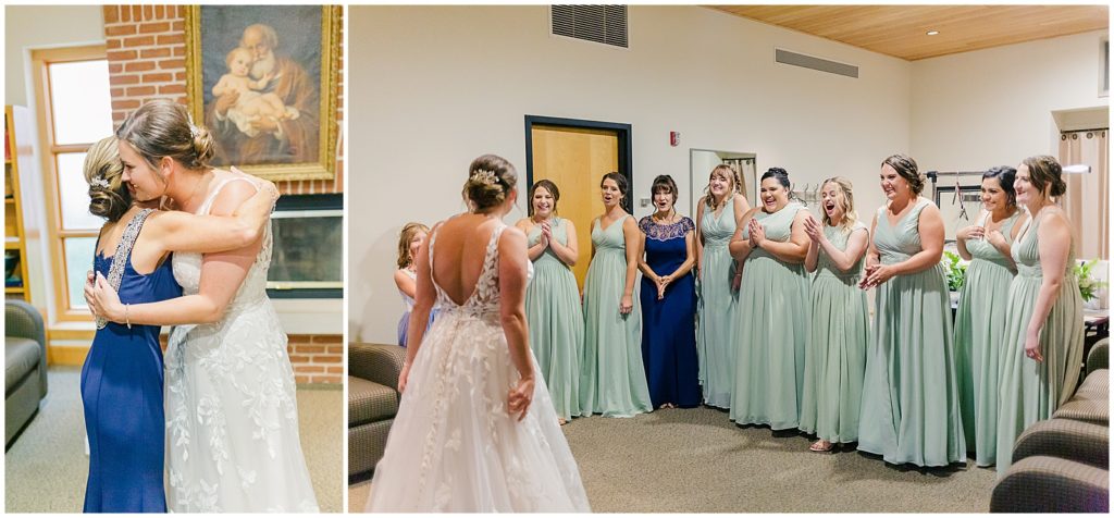first look with mom at old st joseph catholic church and first look with bridesmaids 