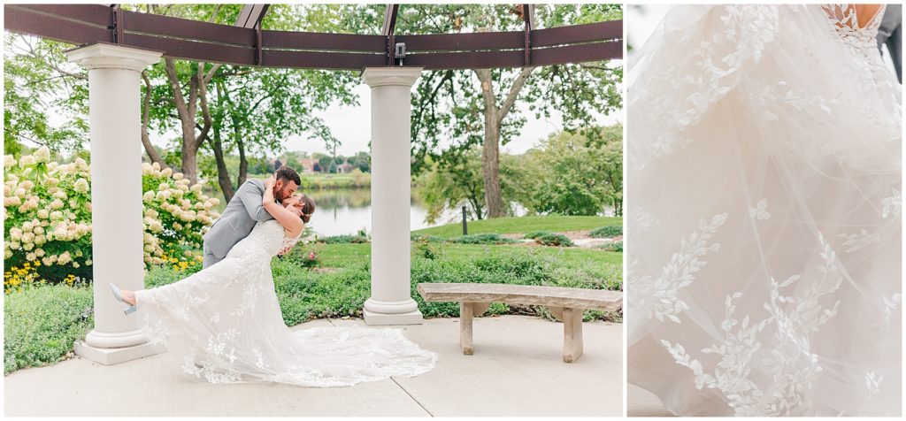 bride and groom dip kiss under pavilion at st norbert's college 