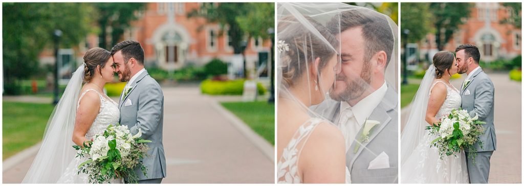 bridal portraits in front of brick building at st norbert's college