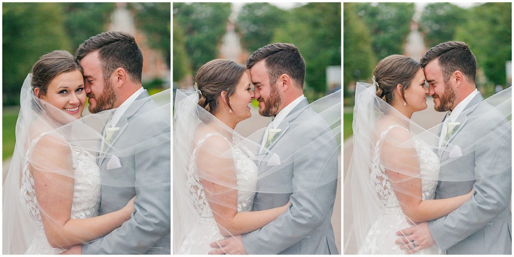 series of photos bride and groom nose to nose with long veil 