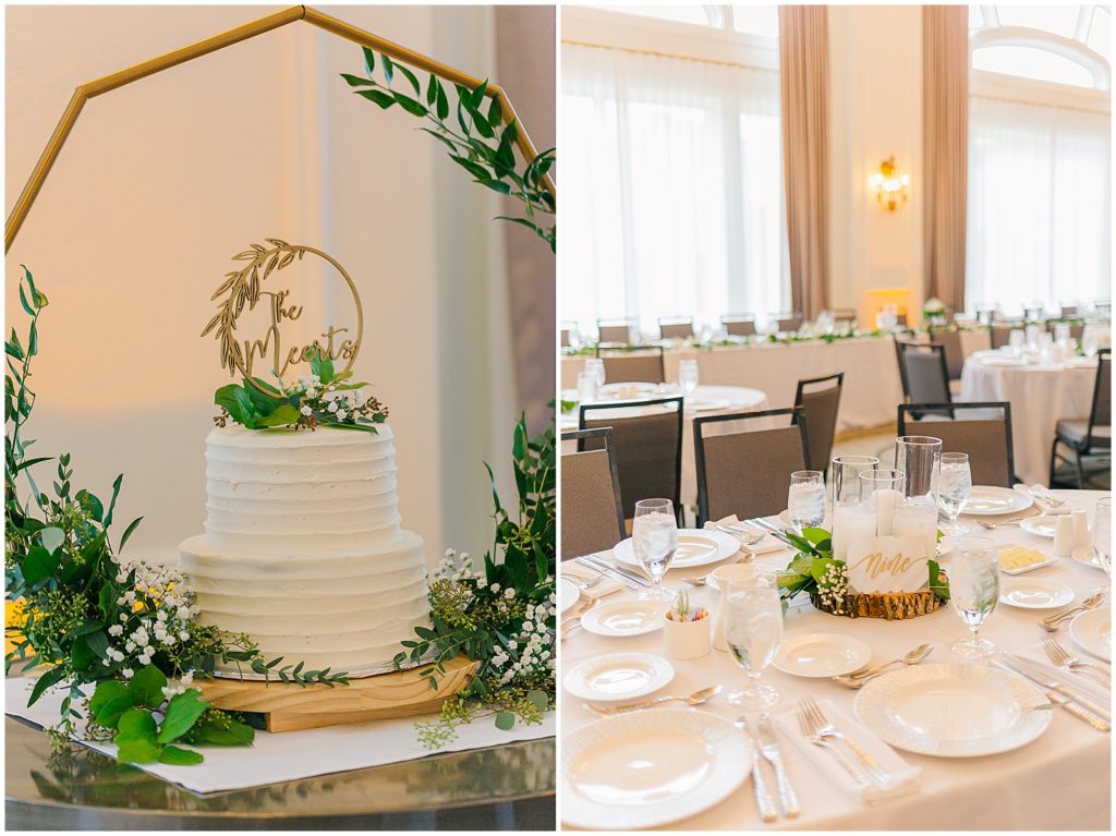 reception photo with white wedding cake and centerpiece in crystal room at hotel northland 