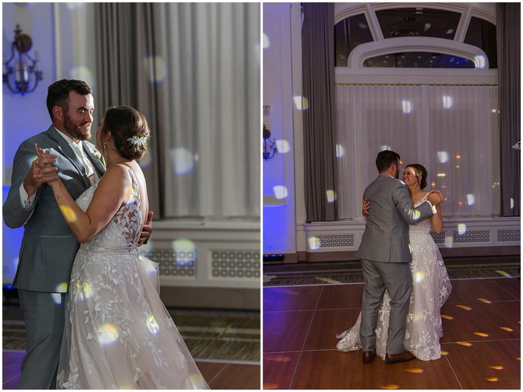 First dance in crystal room at hotel northland with white disco lights 