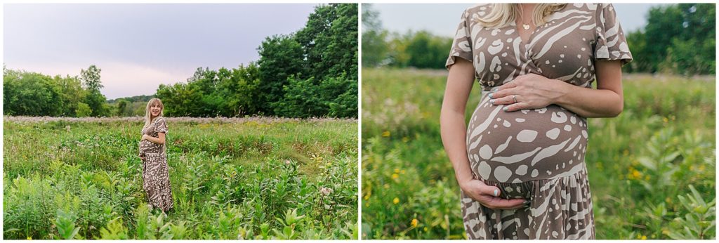 Maternity photo in green field brown and white dress