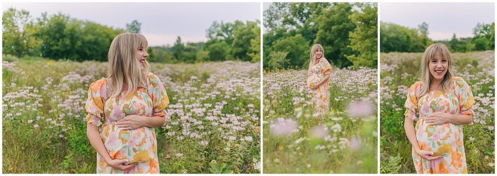 Collage of maternity photos flowers in field 