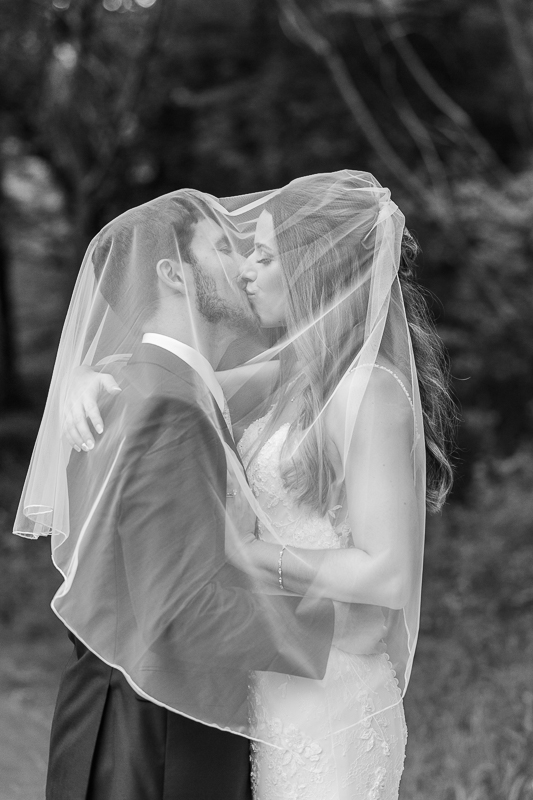 black and white portrait of bride and groom with veil over them 