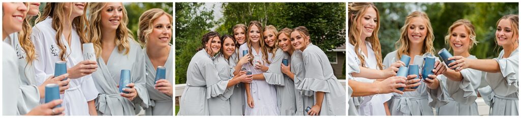 bride and bridesmaids in robes with personalized tumblers