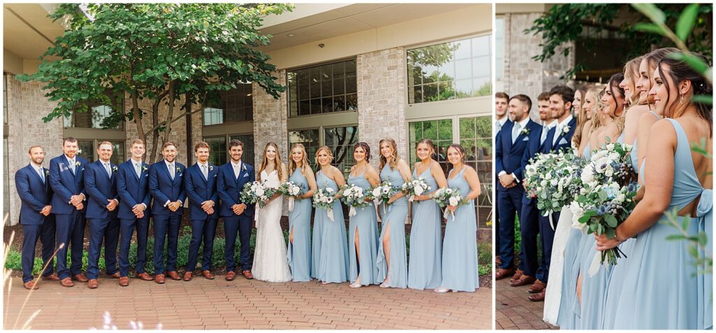blue bridesmaids dresses and blue tuxes wedding party at thornberry creek 