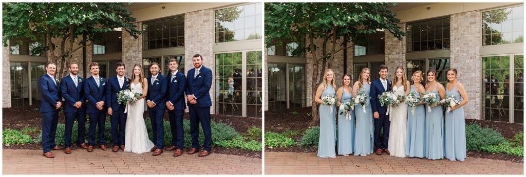 light blue bridesmaid dresses and navy blue tuxes 