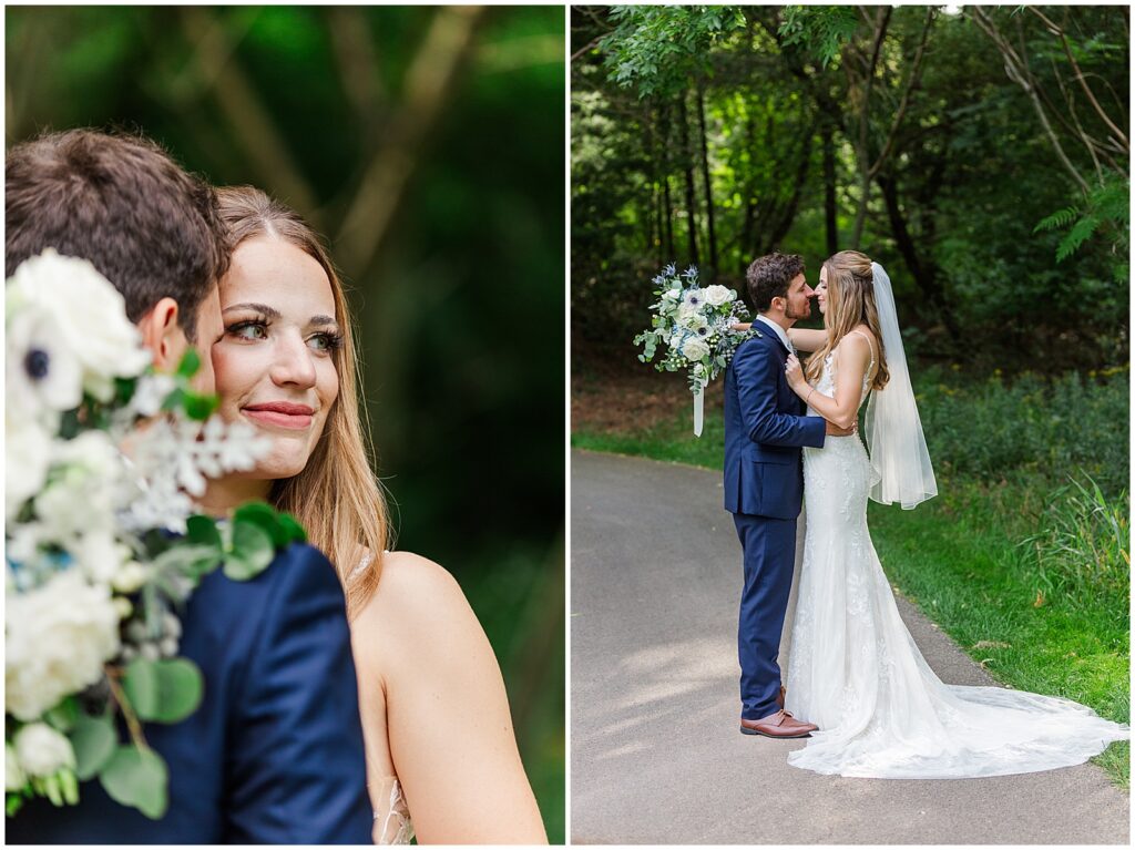 bride and groom portraits at thornberry creek in green bay on wooded path