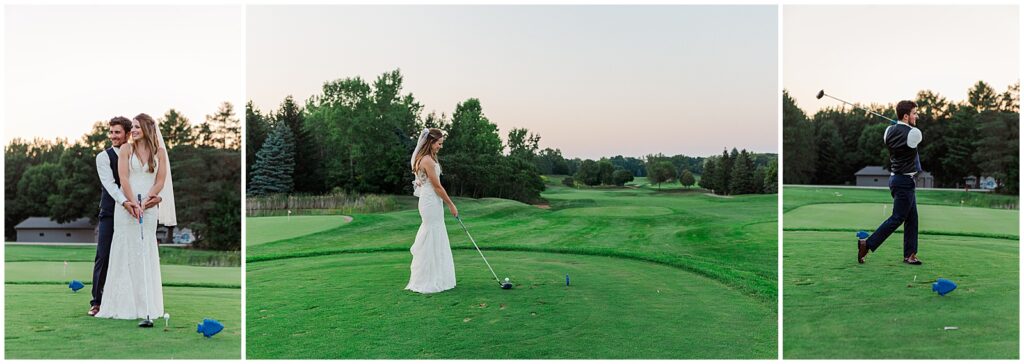 bride and groom golfing at thornberry creek at oneida 