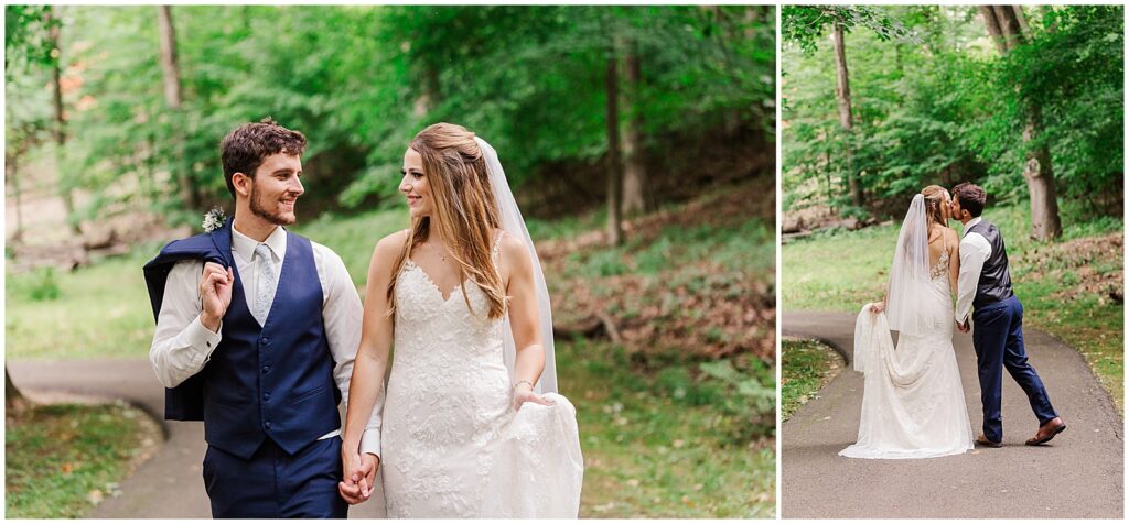 groom with jacket over his shoulder holding hands with the bride while they walk on the path at thornberry creek 