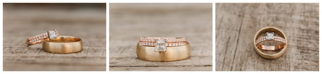gold wedding band, engagement ring, and groom gold band 