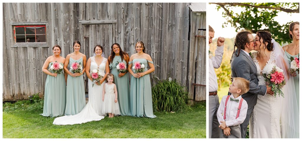 bridal party in front of the barn at about thyme farm door county 