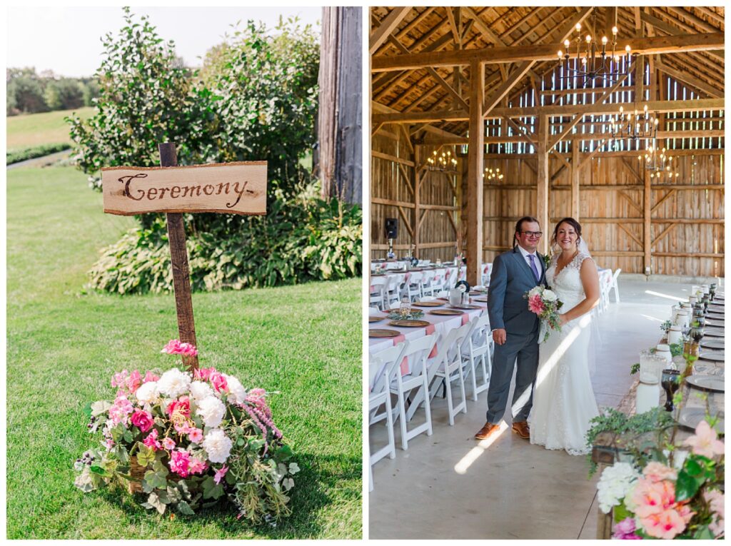 wooden ceremony sign and barn at about thyme farm 