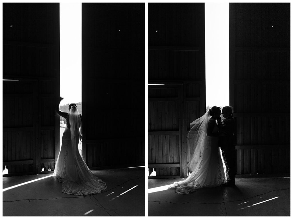 black and white moody portraits in front of barn doors 