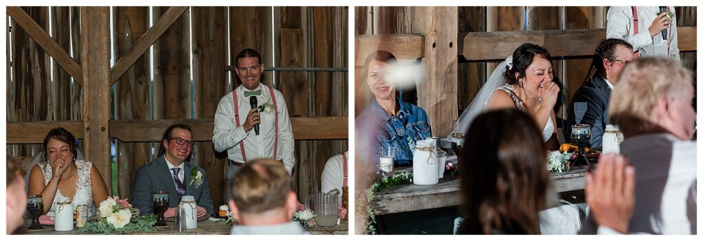 reception speeches bride laughing in barn at about thyme farm 