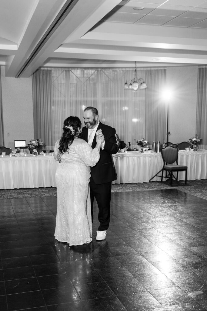 Bemis Conference Center wedding reception first dance black and white photo 