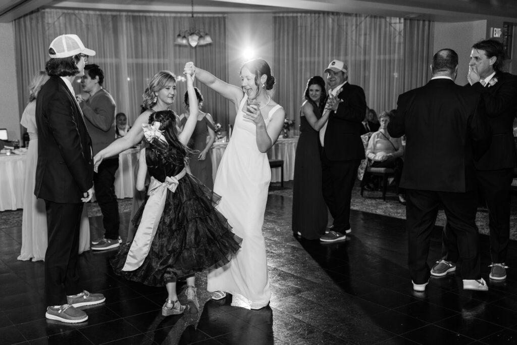 Black and white reception dance photos Bemis Conference Center 