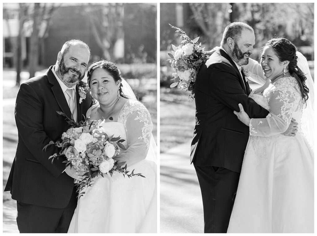Black and white bride and groom wedding photos at St. Norbert College